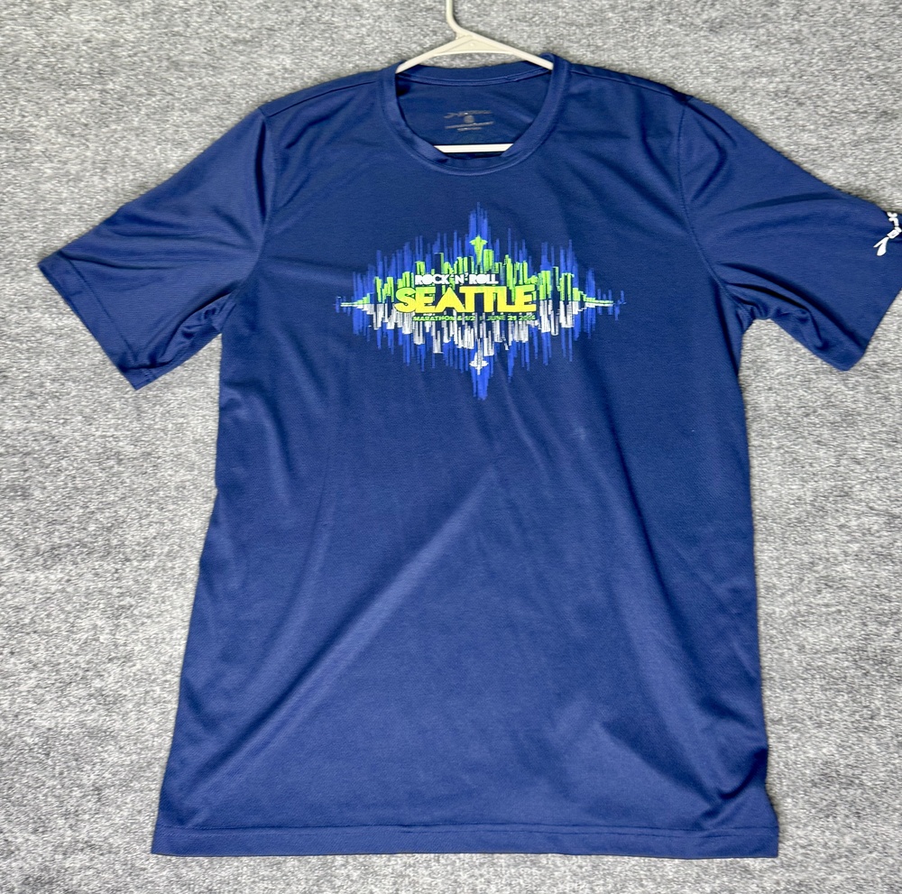 Brooks Shirt Mens Medium Blue Rock N Roll Seattle Marathon Running Tee Graphic